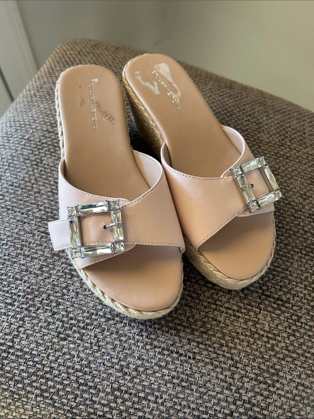 Stuart Weitzman June Crystal Buckle Espadrille Wedge Sandals Blush Pink Resort - Picture 5 of 16